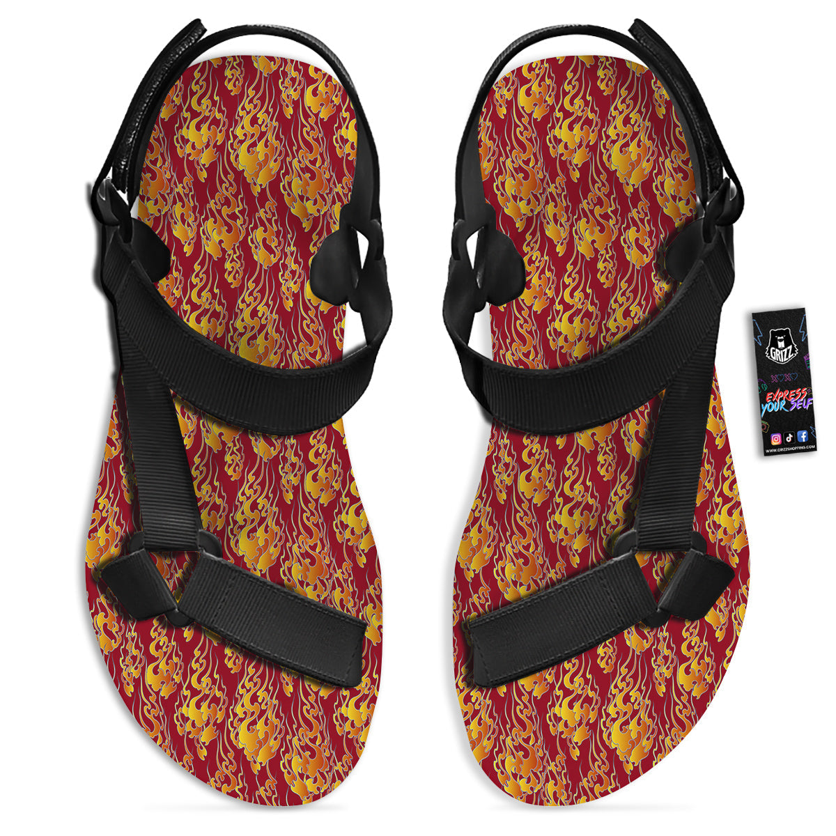 Flame Burning Japanese Art Print Pattern Black Open Toe Sandals-grizzshop