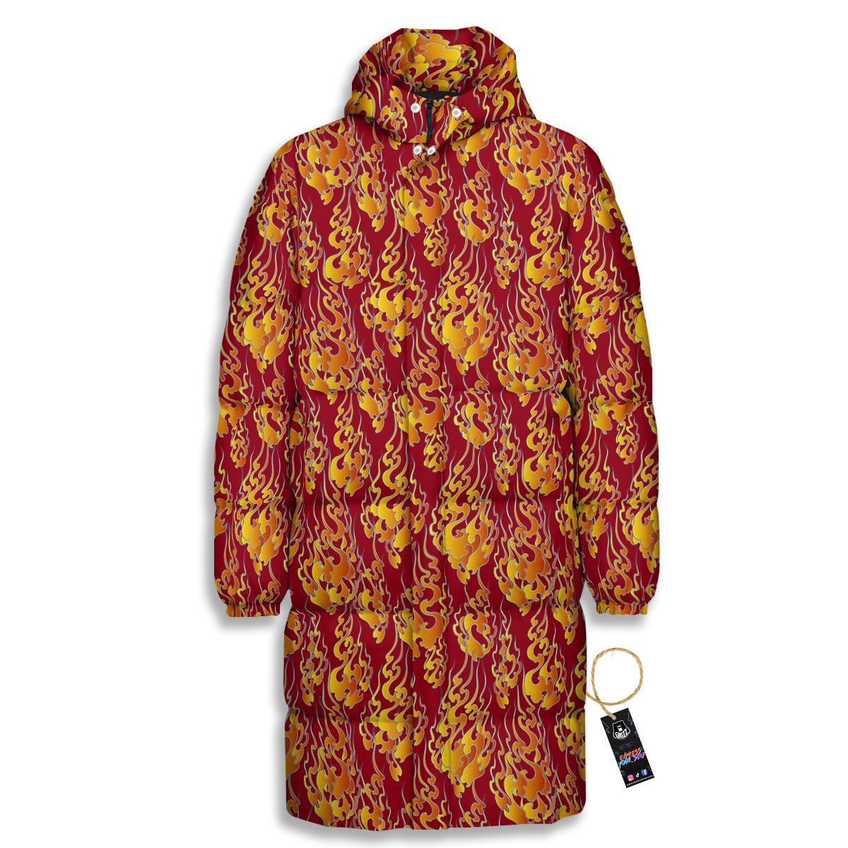 Flame Burning Japanese Art Print Pattern Long Down Jacket-grizzshop