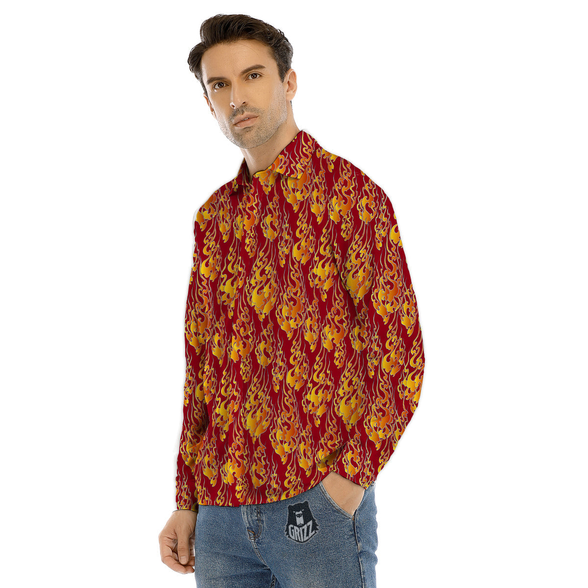 Flame Burning Japanese Art Print Pattern Men's Dress Shirts-grizzshop