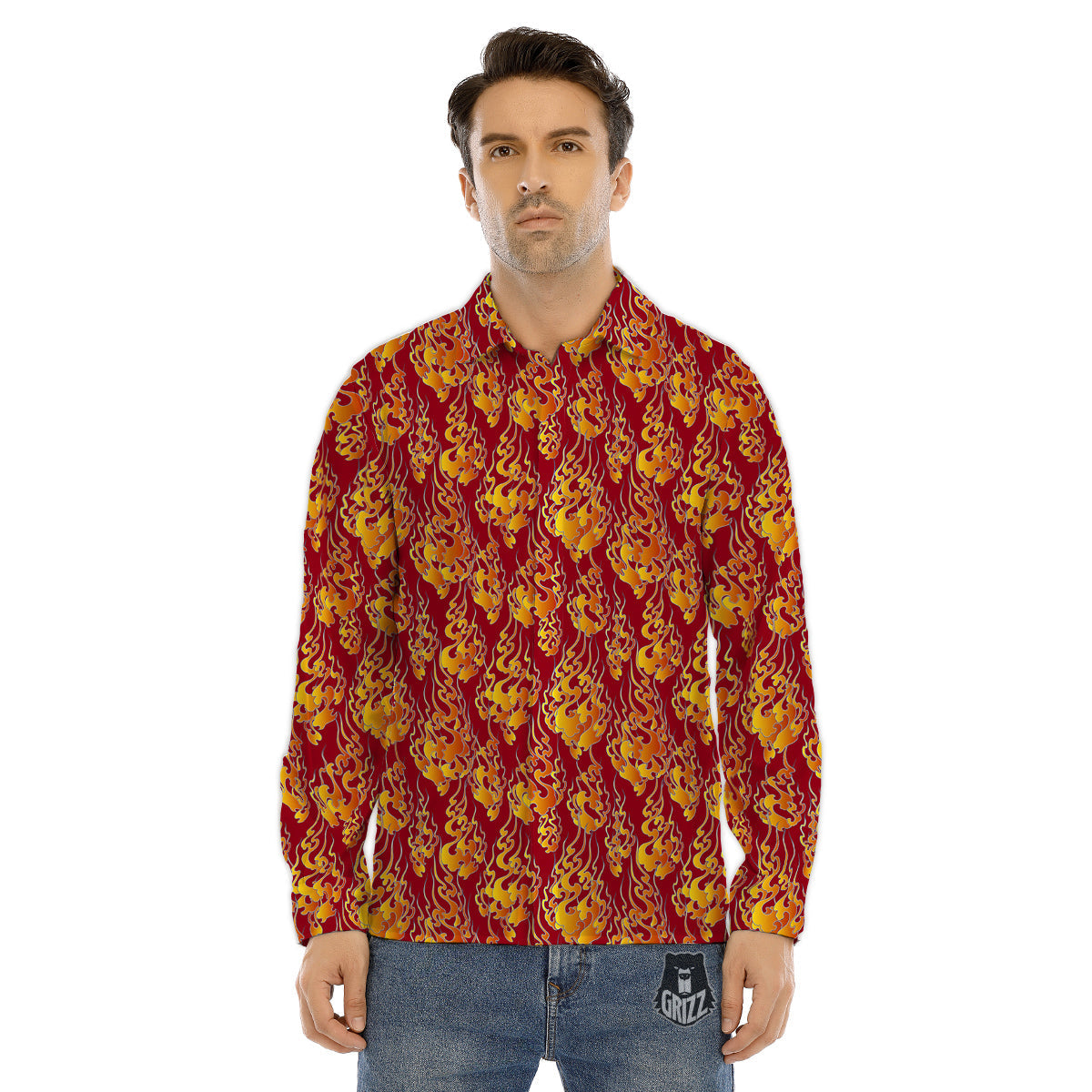 Flame Burning Japanese Art Print Pattern Men's Dress Shirts-grizzshop