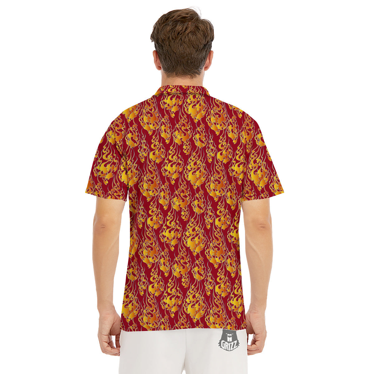 Flame Burning Japanese Art Print Pattern Men's Golf Shirts-grizzshop