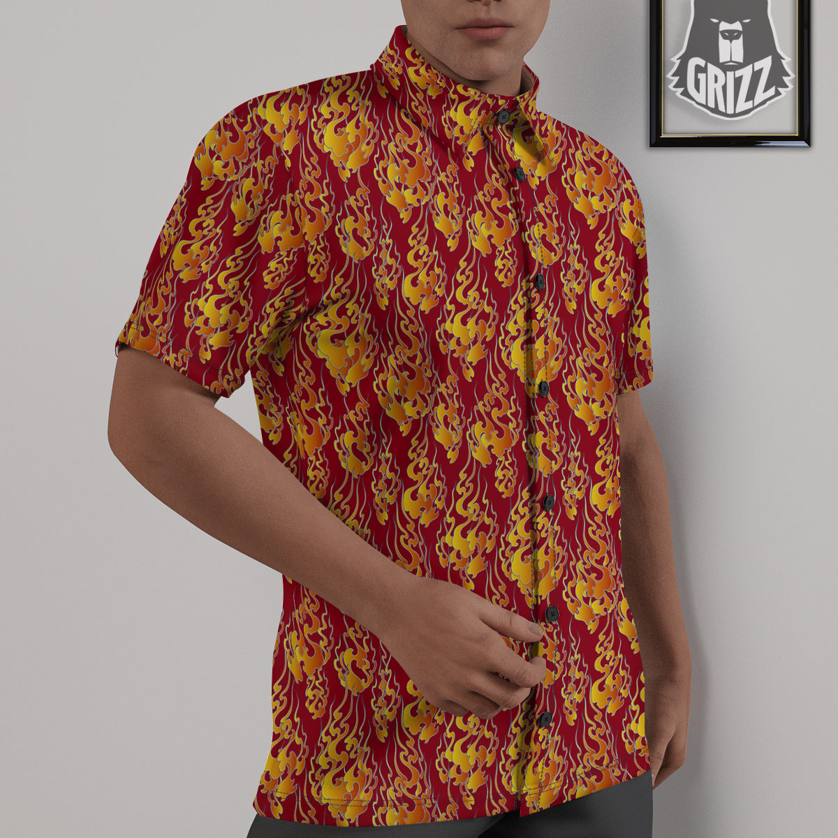 Flame Burning Japanese Art Print Pattern Untucked Shirts-grizzshop