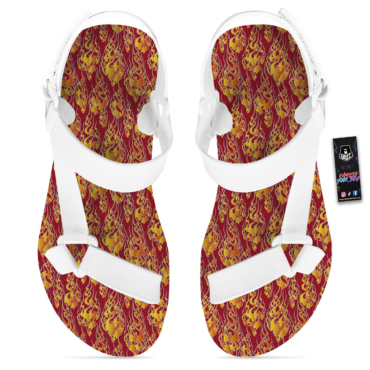 Flame Burning Japanese Art Print Pattern White Open Toe Sandals-grizzshop