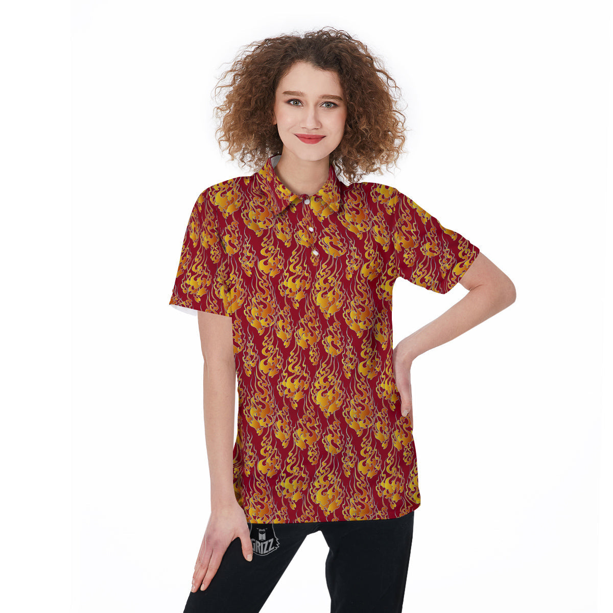 Flame Burning Japanese Art Print Pattern Women's Golf Shirts-grizzshop