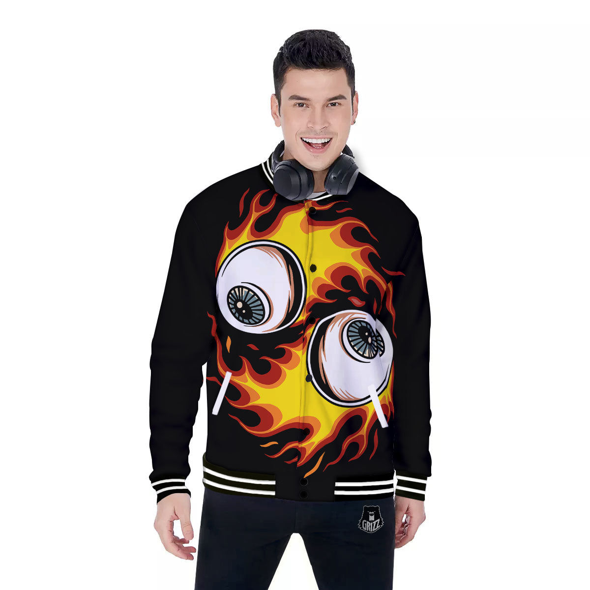 Flaming Eye Print Baseball Jacket-grizzshop