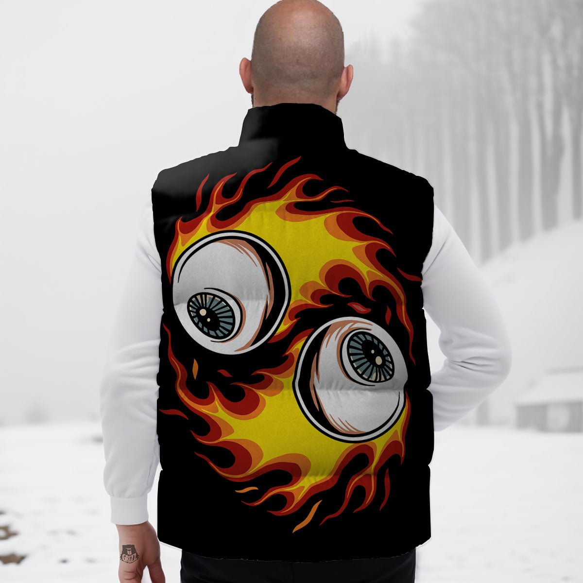 Flaming Eye Print Down Vest-grizzshop