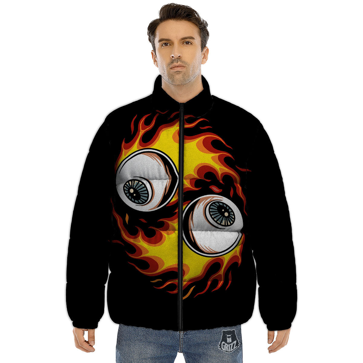 Flaming Eye Print Puffer Jacket-grizzshop