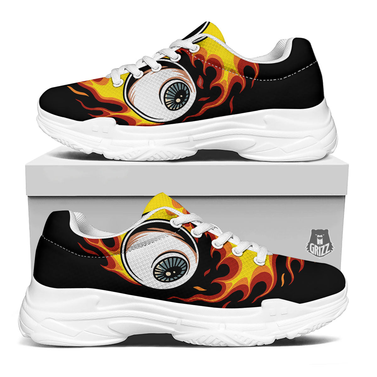 Flaming Eye Print White Chunky Shoes-grizzshop