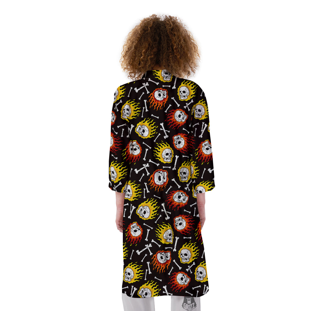 Flaming Skulls And Bone Print Pattern Kimono-grizzshop