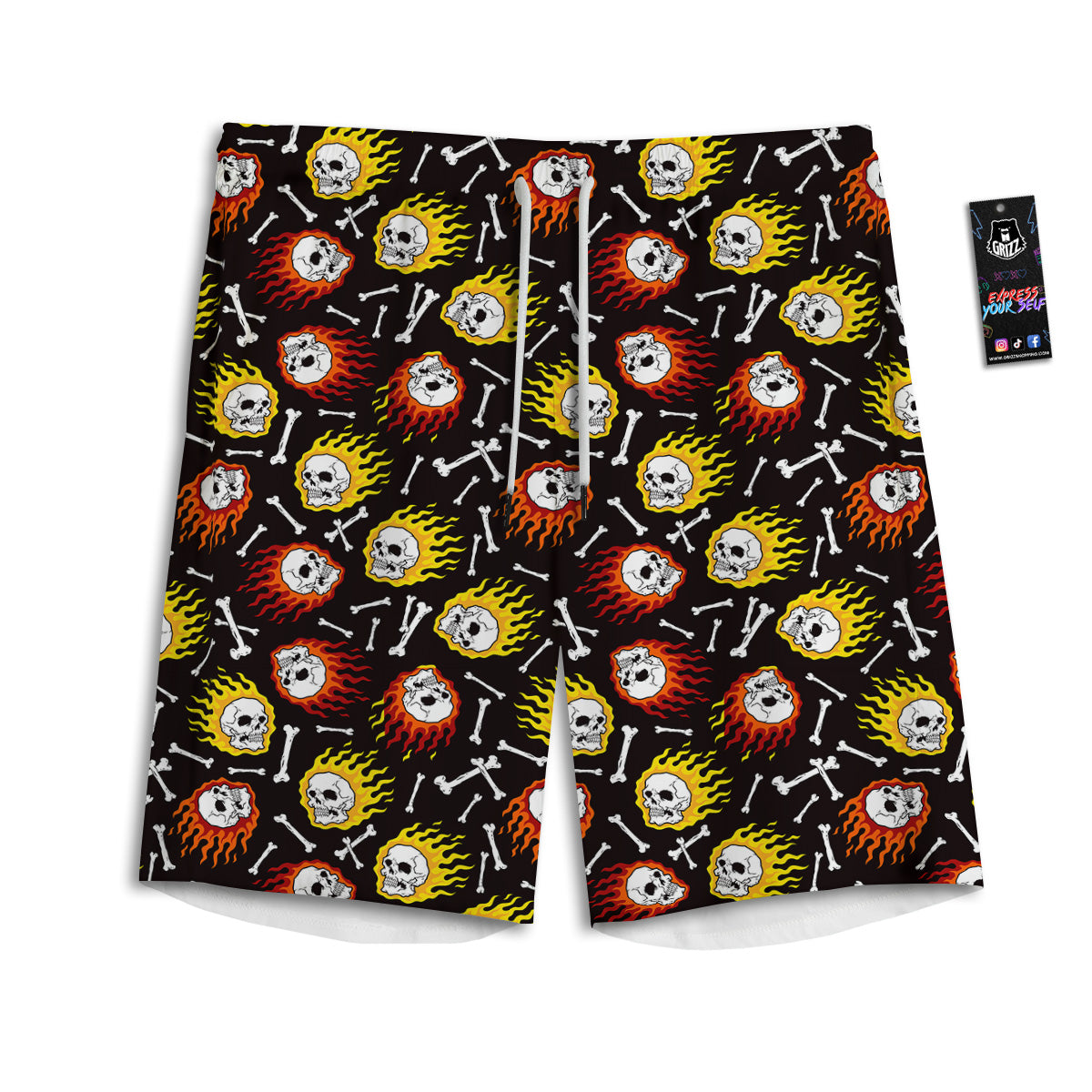 Flaming Skulls And Bone Print Pattern Men's Athletic Shorts