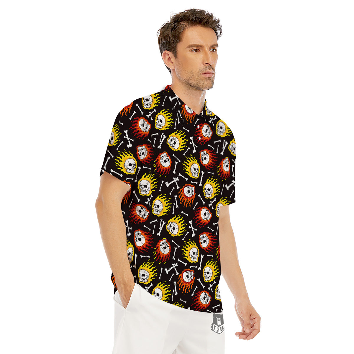 Flaming Skulls And Bone Print Pattern Men's Golf Shirts-grizzshop