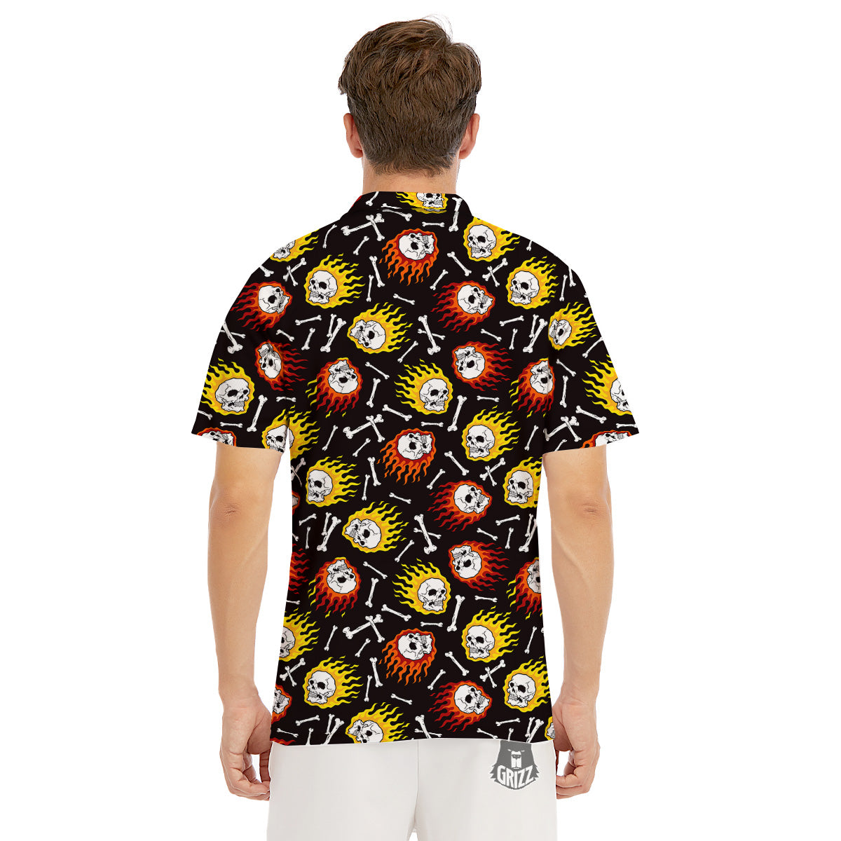 Flaming Skulls And Bone Print Pattern Men's Golf Shirts-grizzshop