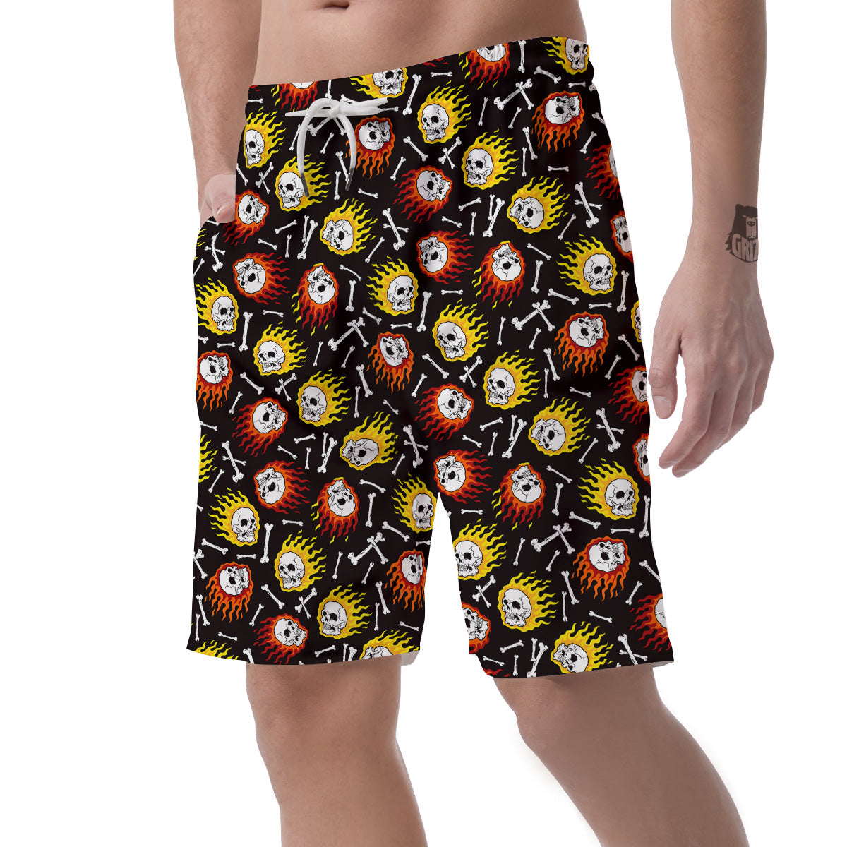 Flaming Skulls And Bone Print Pattern Men's Shorts-grizzshop