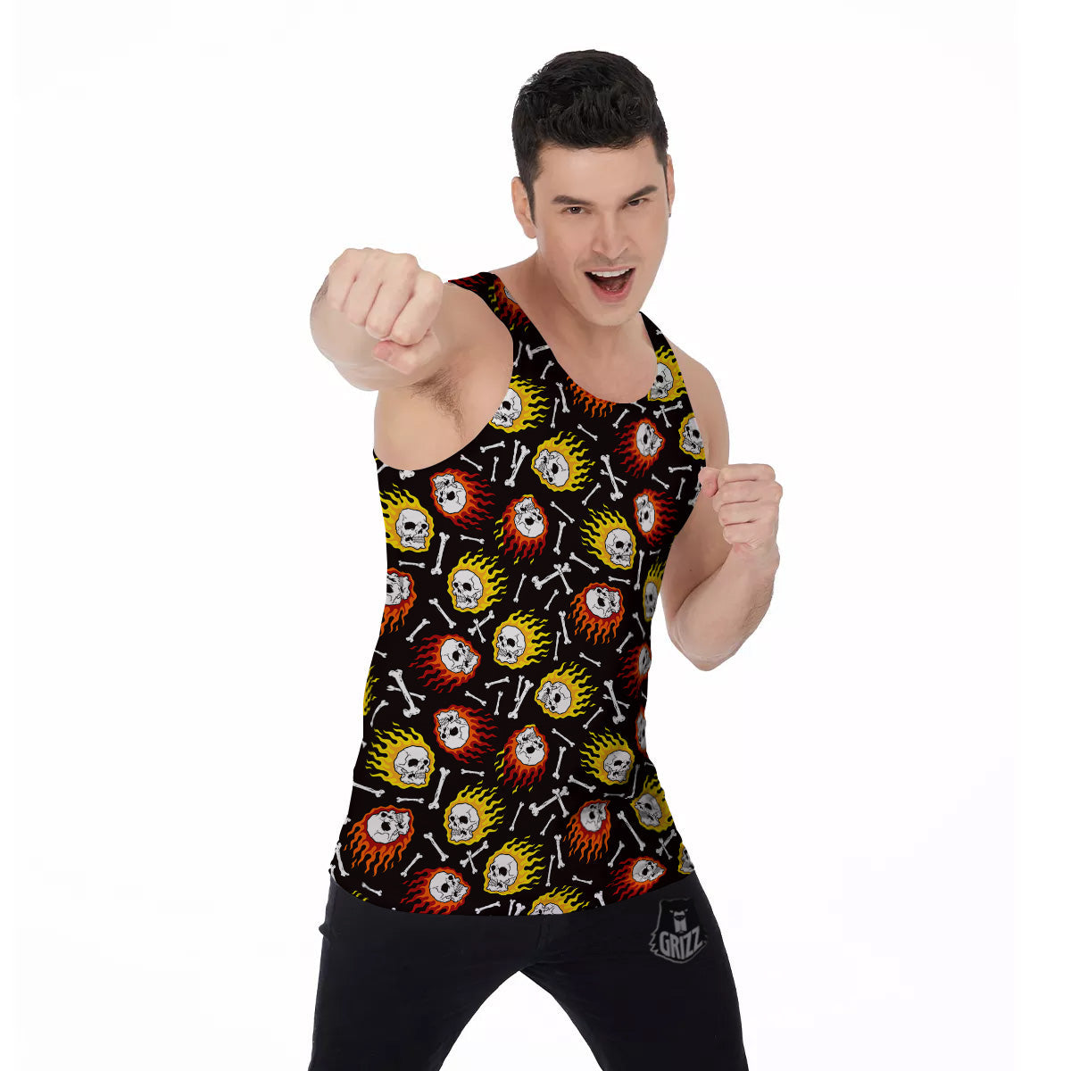 Flaming Skulls And Bone Print Pattern Men's Tank Top-grizzshop