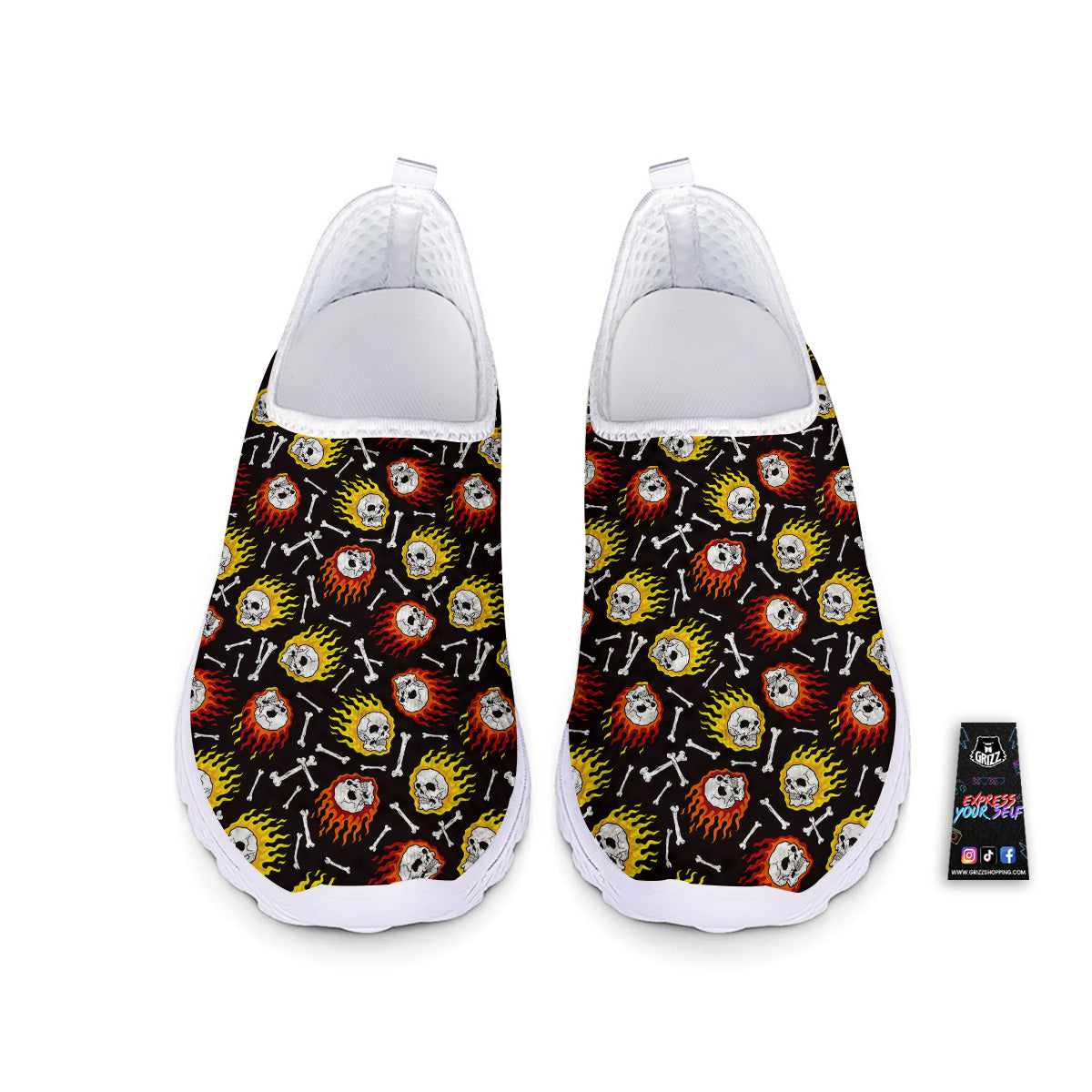 Flaming Skulls And Bone Print Pattern Nurse Shoes-grizzshop