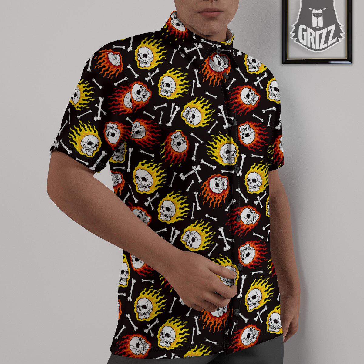 Flaming Skulls And Bone Print Pattern Untucked Shirts-grizzshop