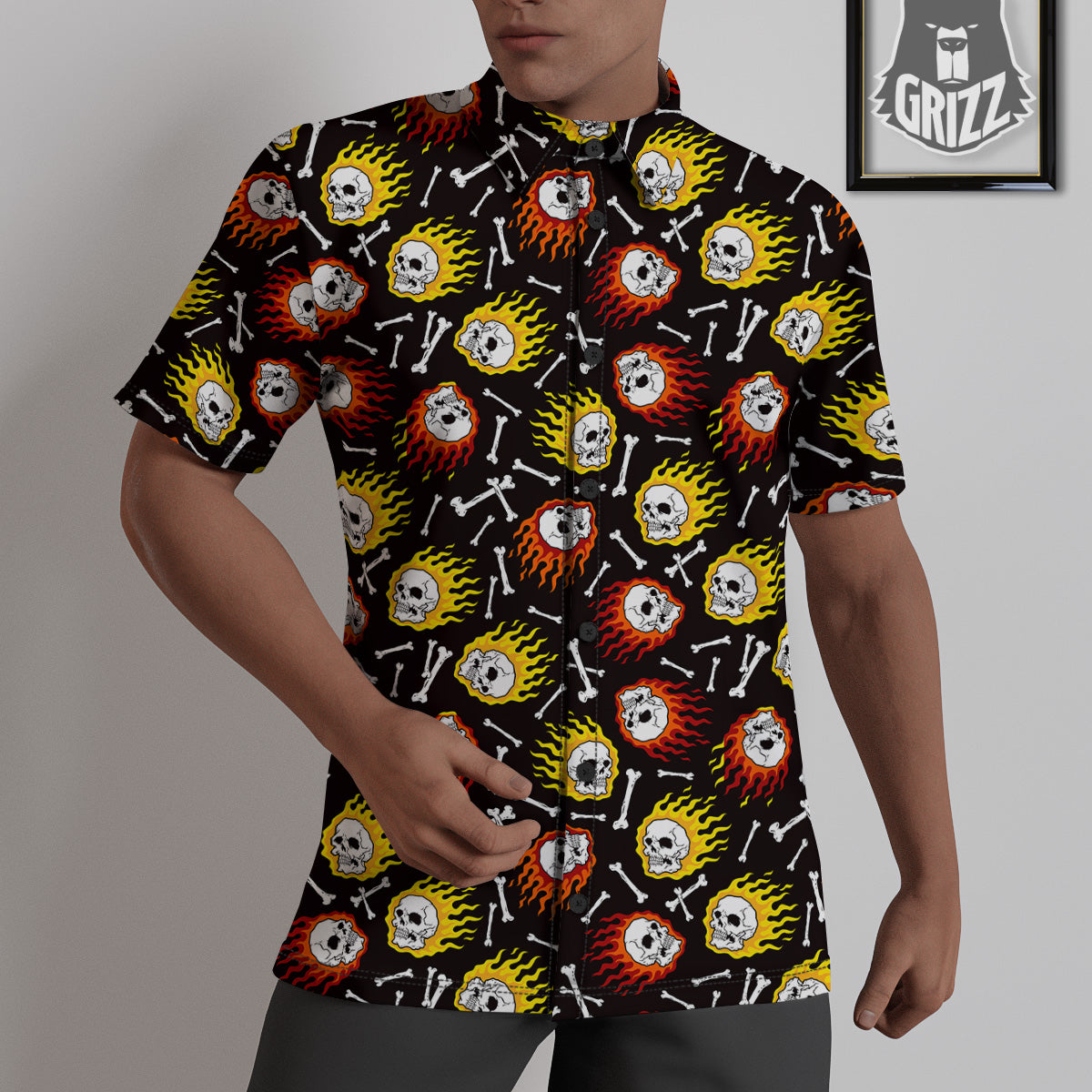 Flaming Skulls And Bone Print Pattern Untucked Shirts-grizzshop