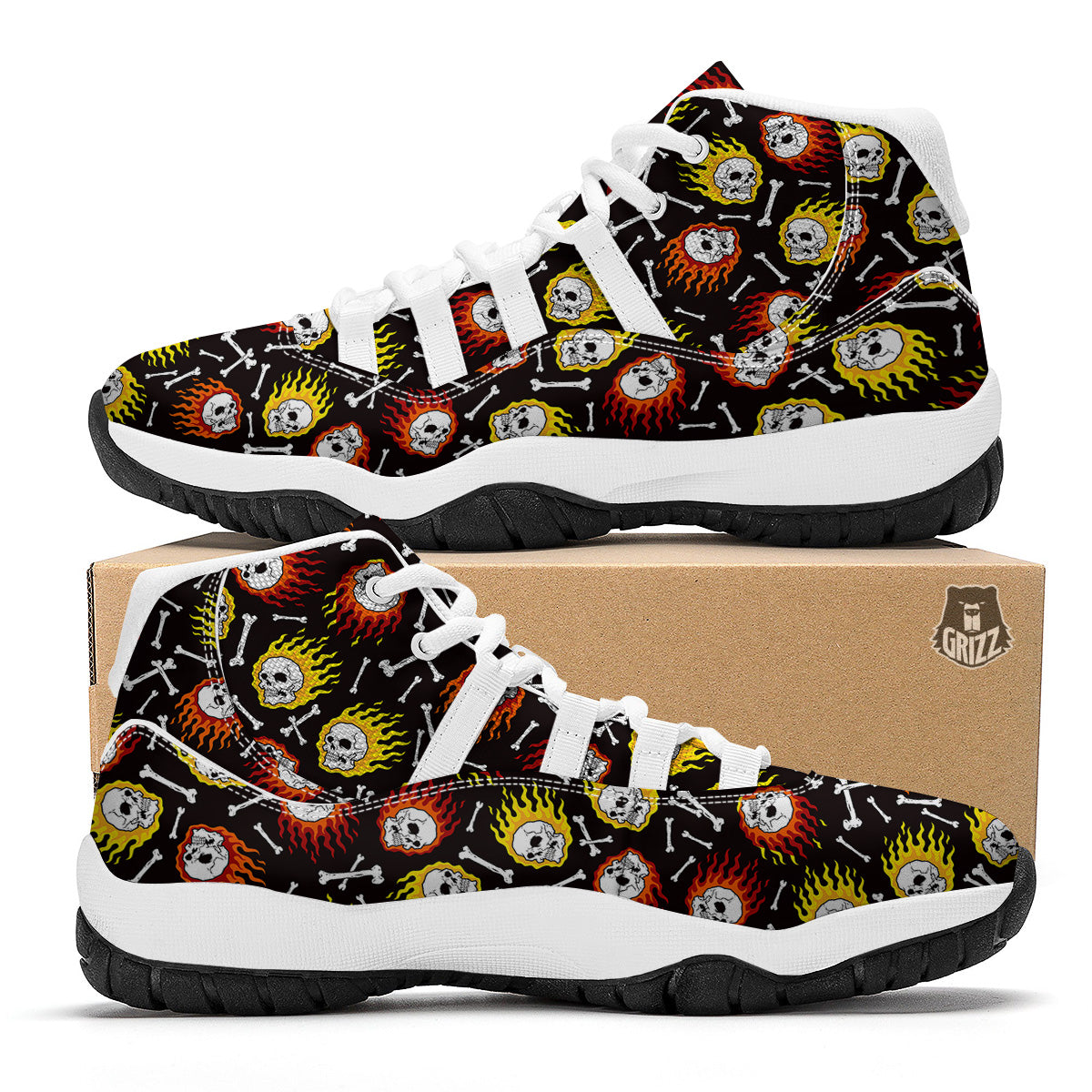 Flaming Skulls And Bone Print Pattern White Bball Shoes-grizzshop