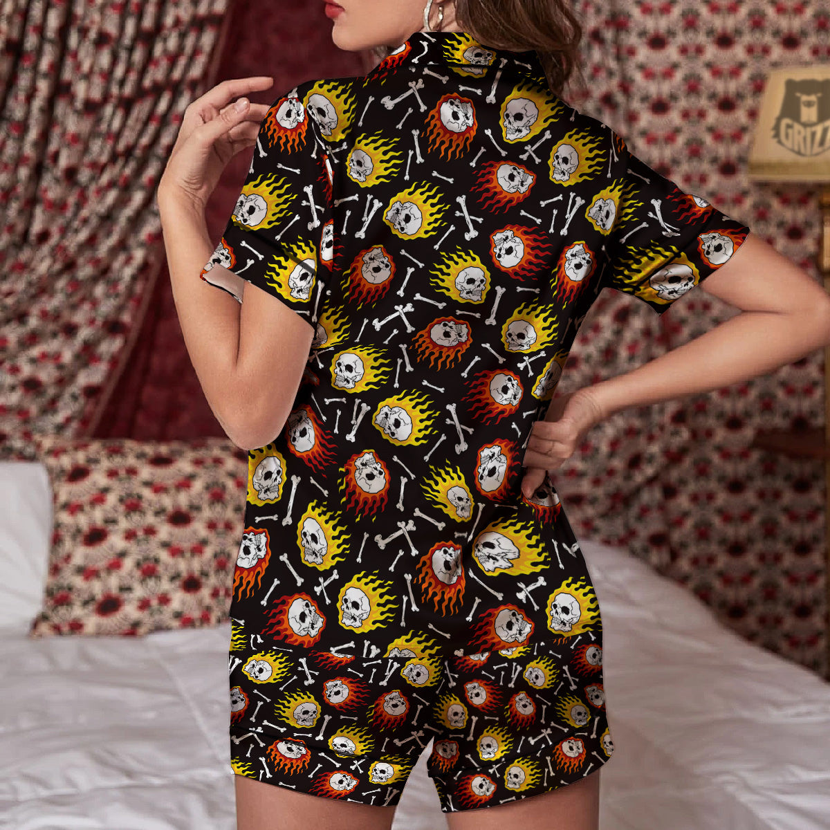 Flaming Skulls And Bone Print Pattern Women Silk Pajamas-grizzshop