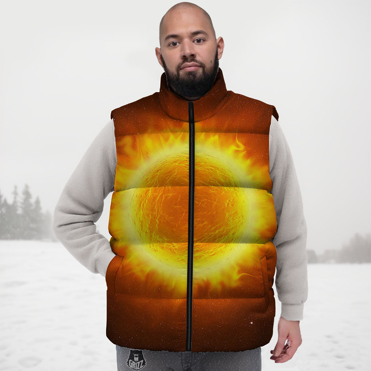 Flaming Sun Print Down Vest-grizzshop