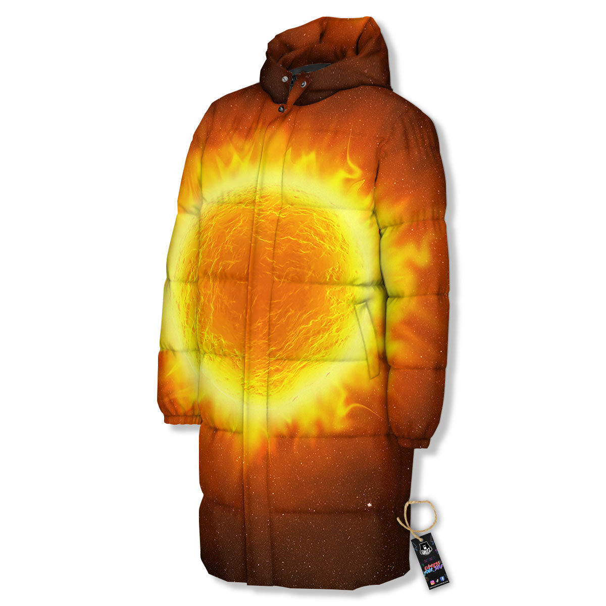 Flaming Sun Print Long Down Jacket-grizzshop