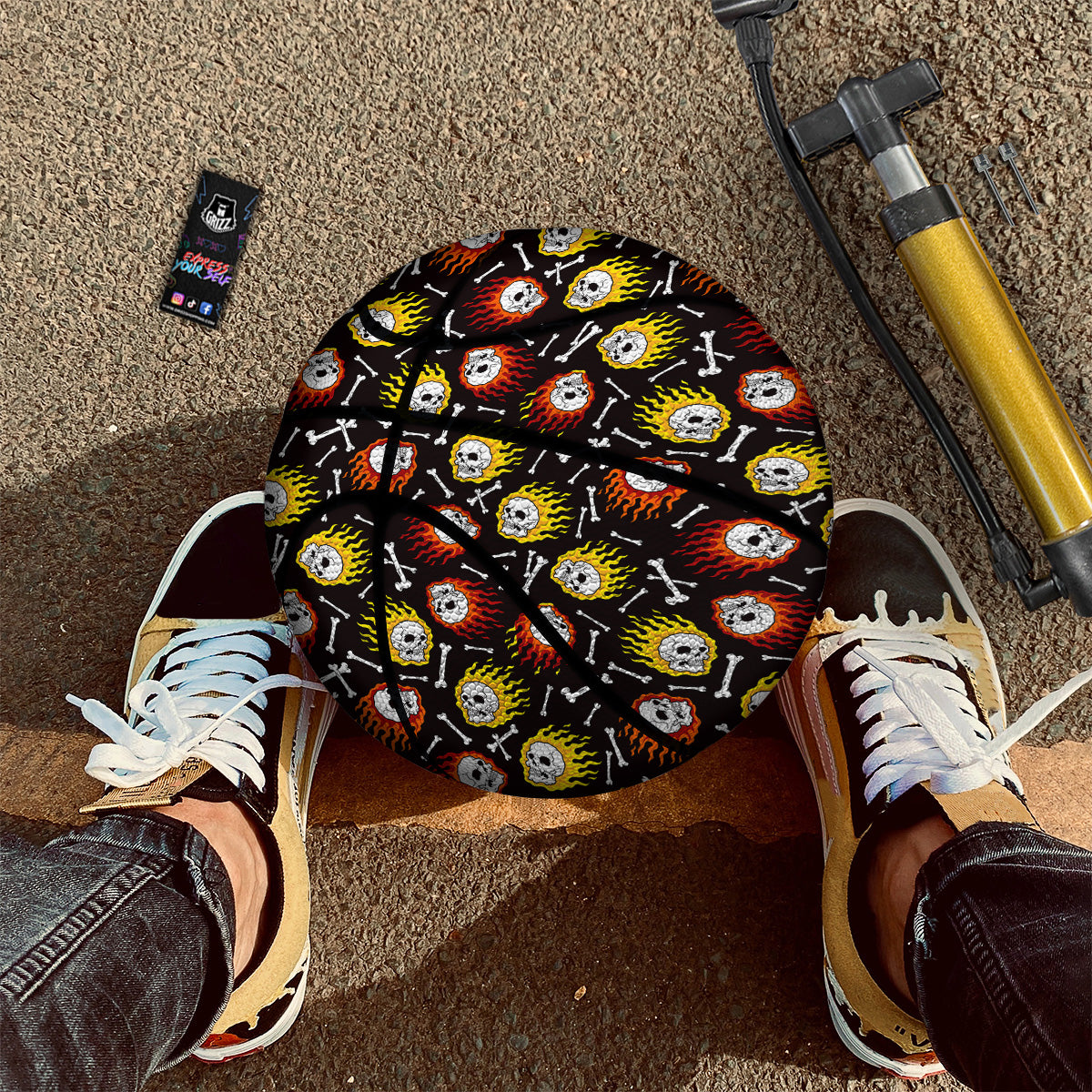 Flaming Skulls And Bone Print Pattern Basketball
