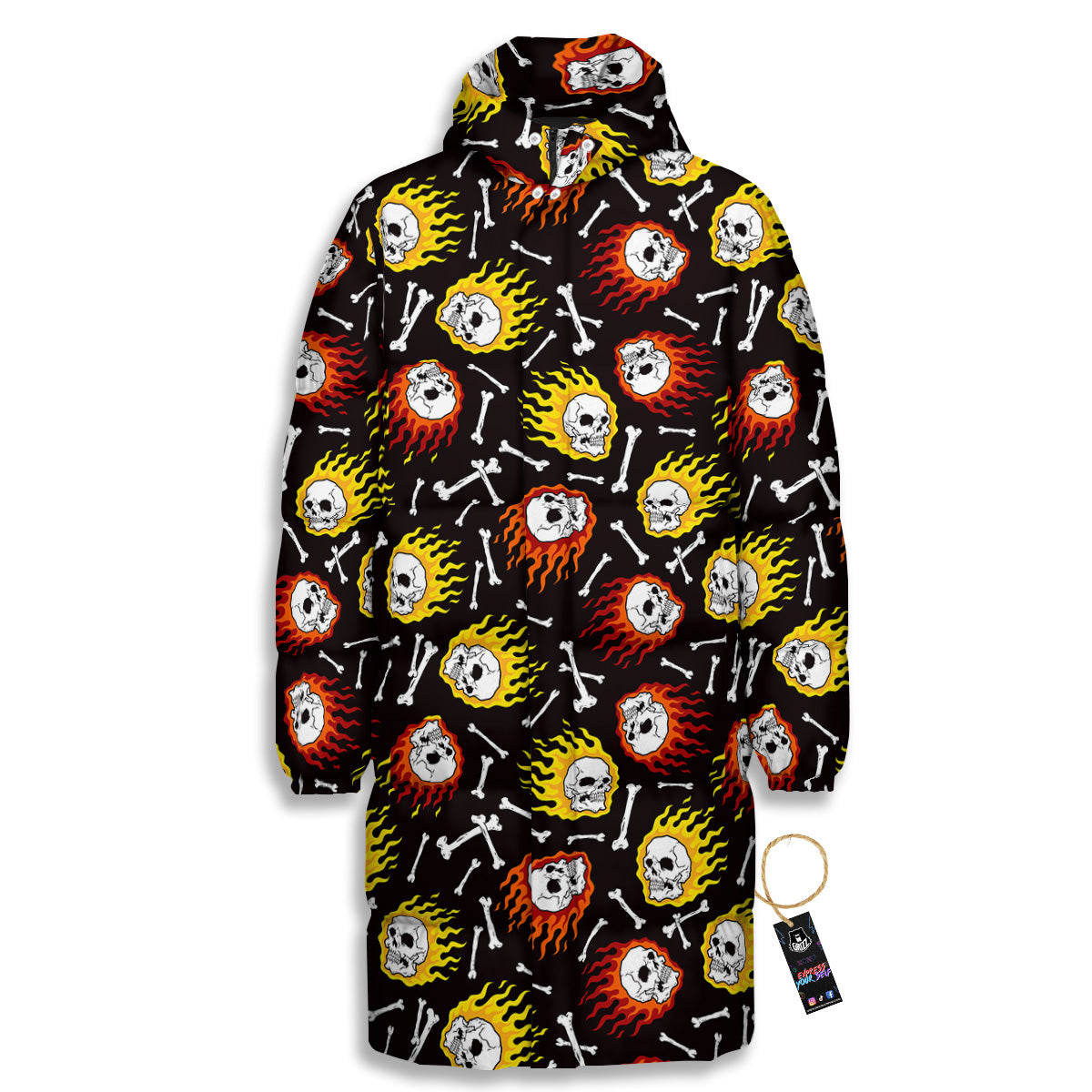 Flaming Skulls And Bone Print Pattern Long Down Jacket