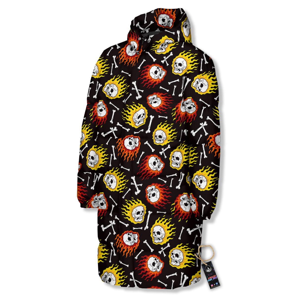 Flaming Skulls And Bone Print Pattern Long Down Jacket