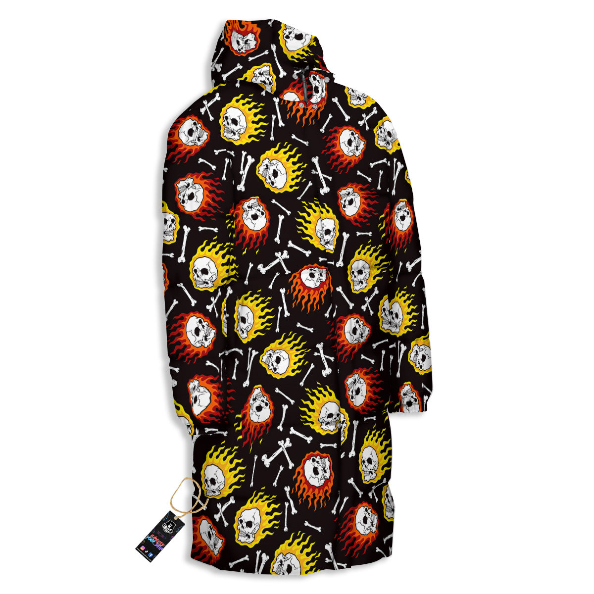 Flaming Skulls And Bone Print Pattern Long Down Jacket