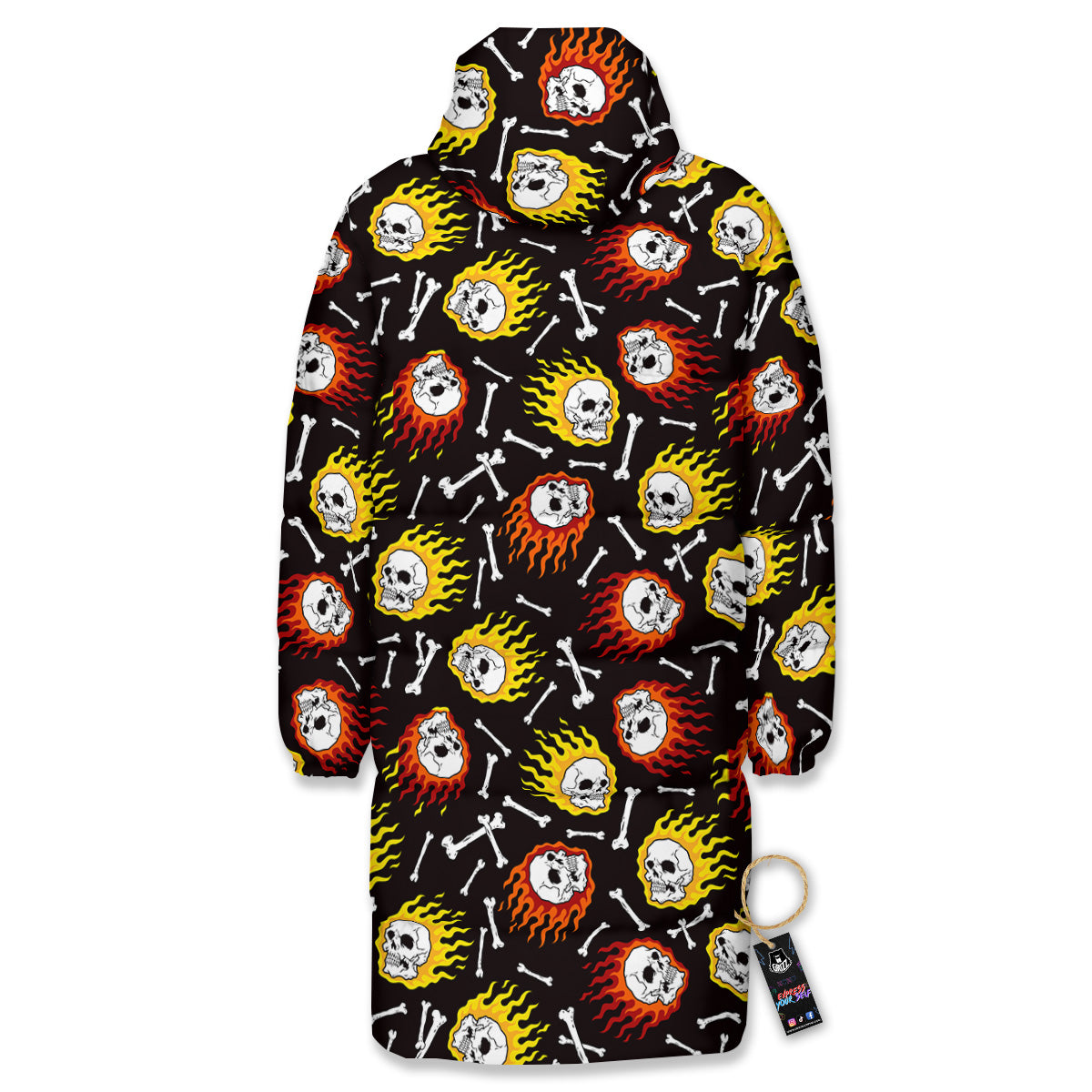 Flaming Skulls And Bone Print Pattern Long Down Jacket