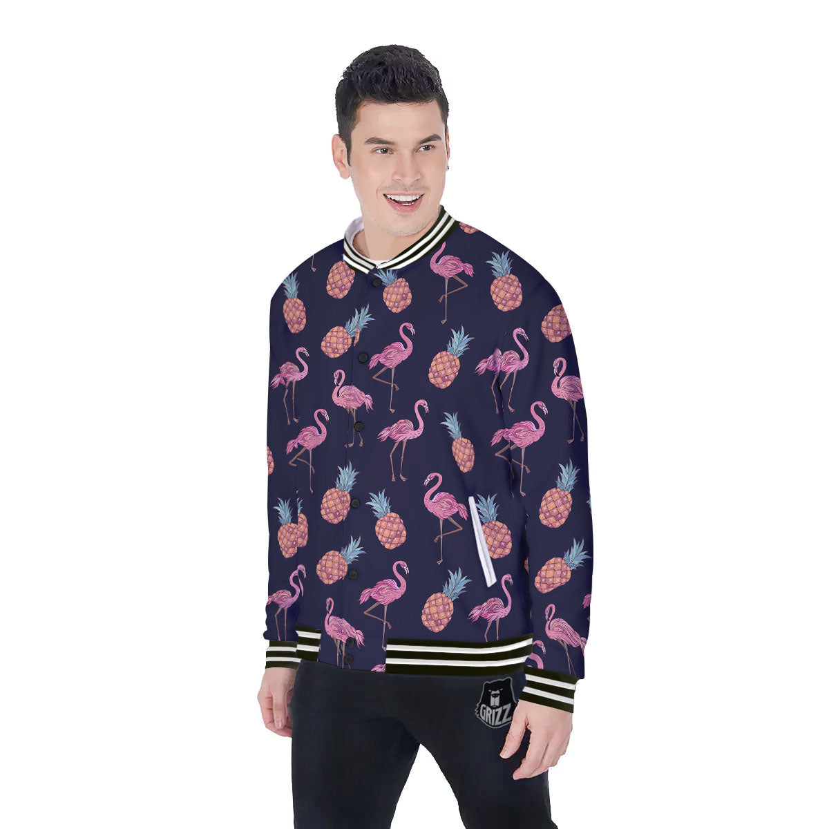 Flamingo And Pineapple Print Pattern Baseball Jacket-grizzshop