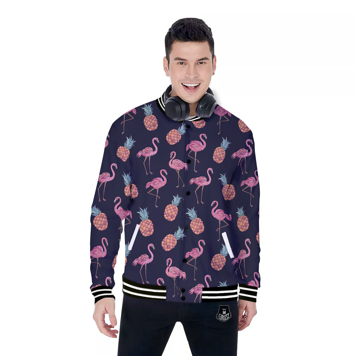 Flamingo And Pineapple Print Pattern Baseball Jacket-grizzshop