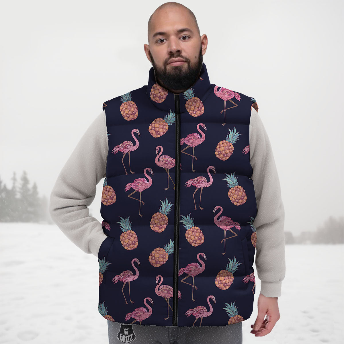 Flamingo And Pineapple Print Pattern Down Vest-grizzshop