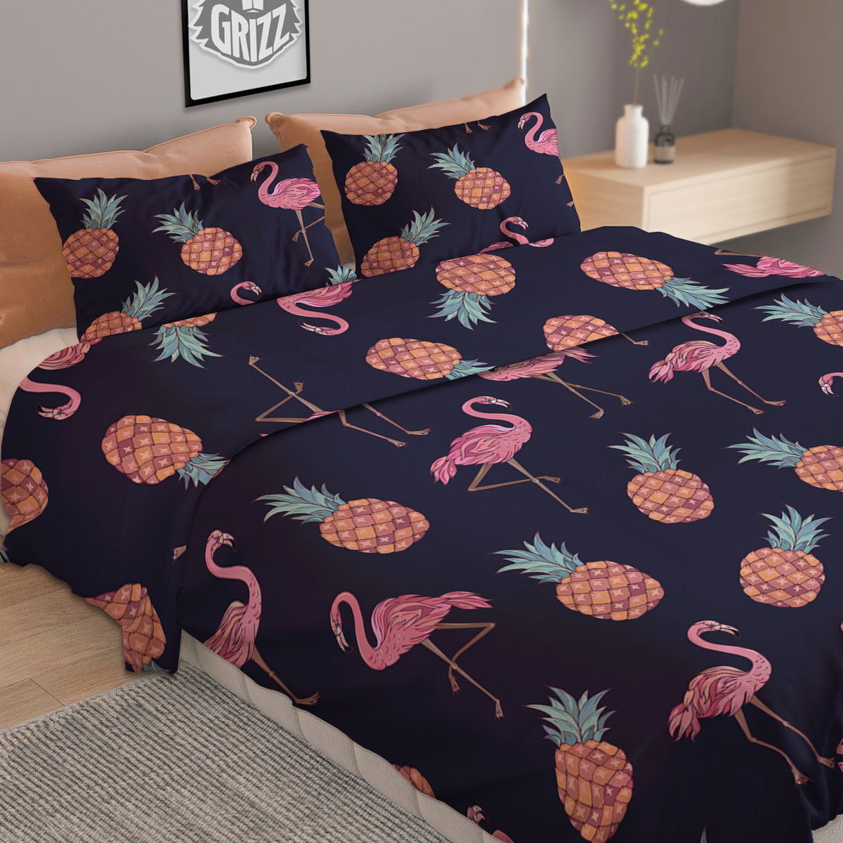 Flamingo And Pineapple Print Pattern Duvet Cover Bedding Set