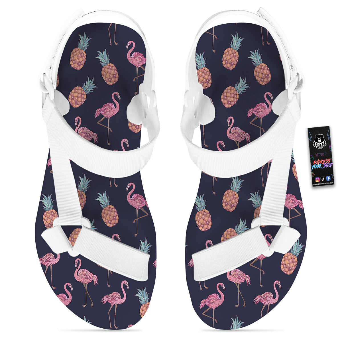 Flamingo And Pineapple Print Pattern White Open Toe Sandals-grizzshop