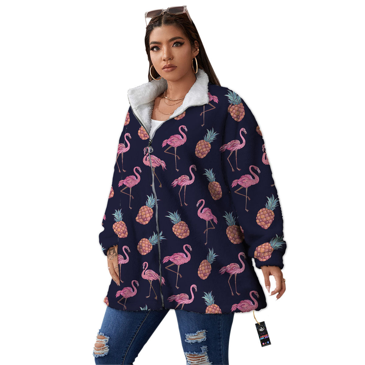 Flamingo And Pineapple Print Pattern Women's Sherpa Jacket-grizzshop