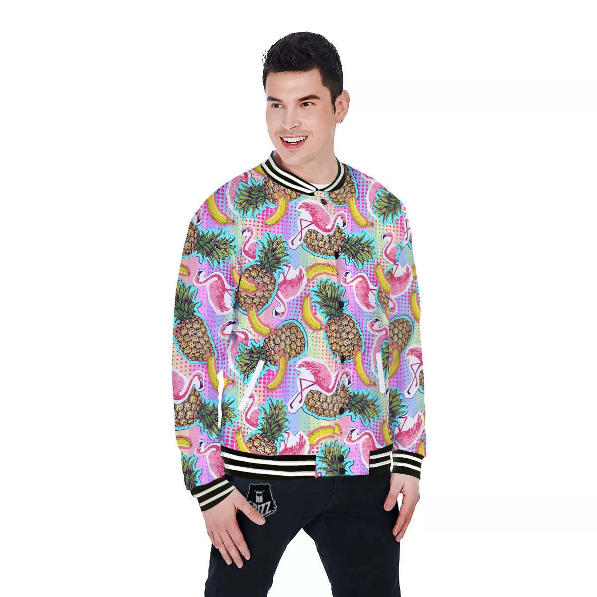 Flamingo And Pineapple Rainbow Print Pattern Baseball Jacket-grizzshop
