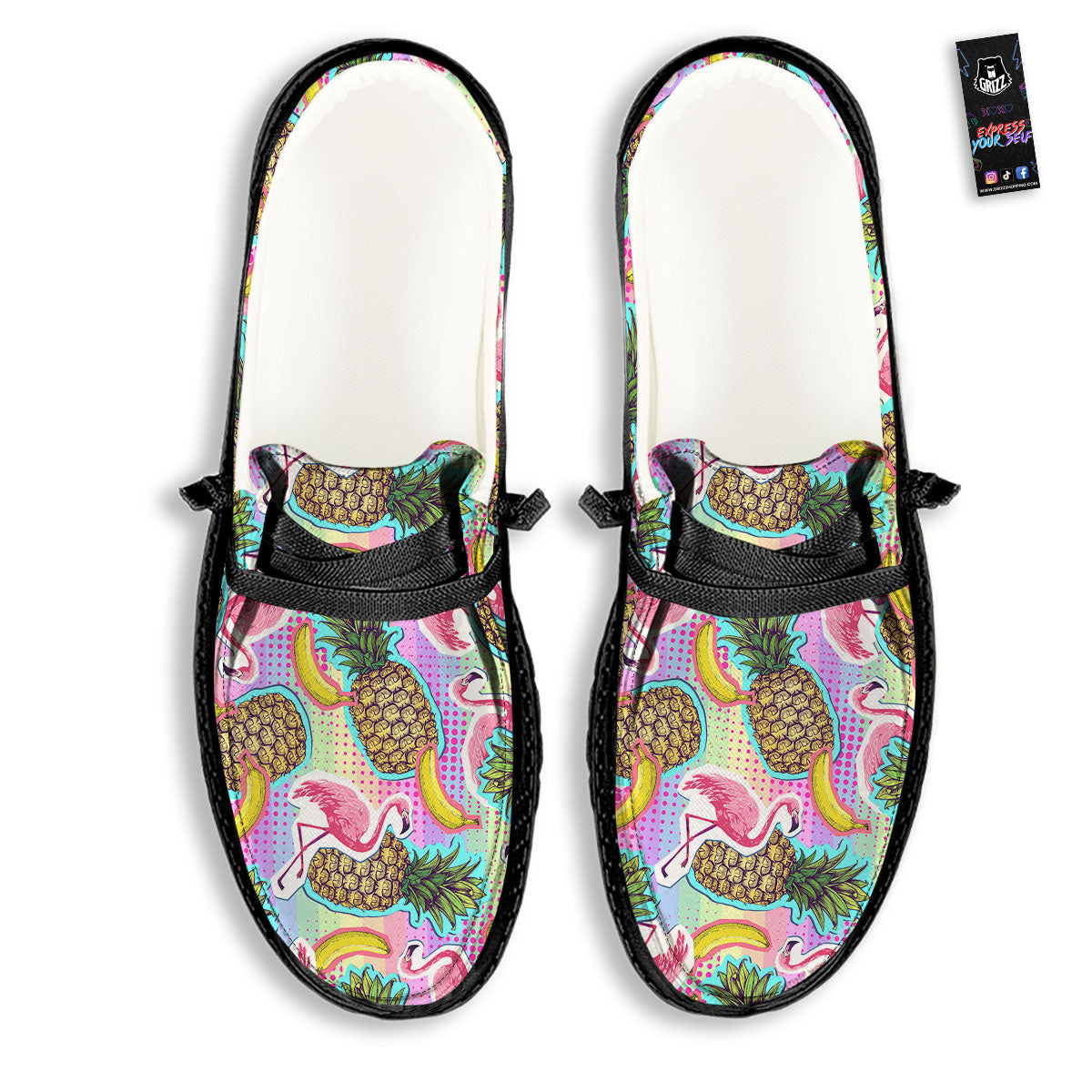 Flamingo And Pineapple Rainbow Print Pattern Black Loafers-grizzshop