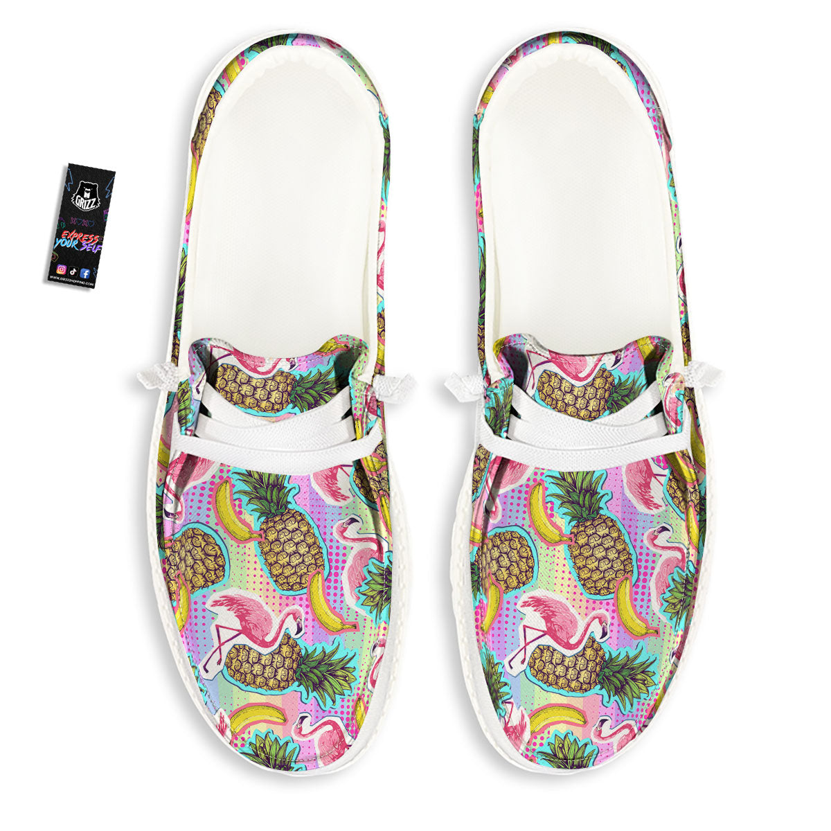 Flamingo And Pineapple Rainbow Print Pattern Black Loafers-grizzshop