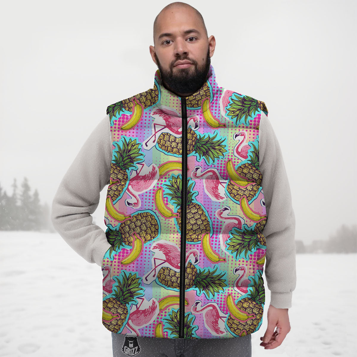 Flamingo And Pineapple Rainbow Print Pattern Down Vest-grizzshop