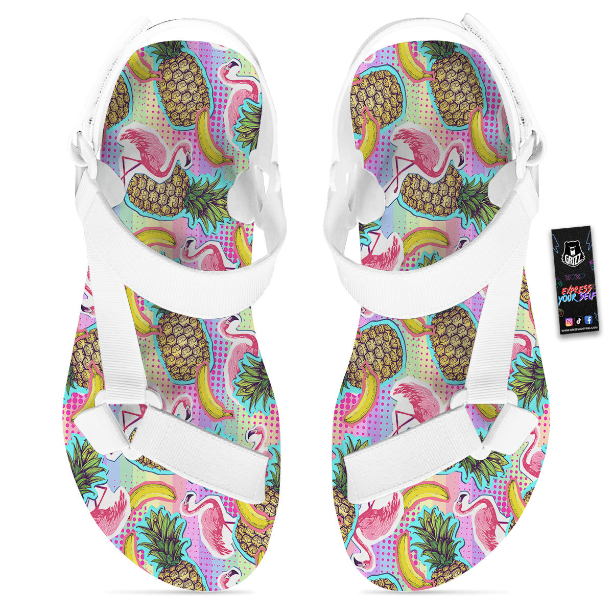 Flamingo And Pineapple Rainbow Print Pattern White Open Toe Sandals-grizzshop