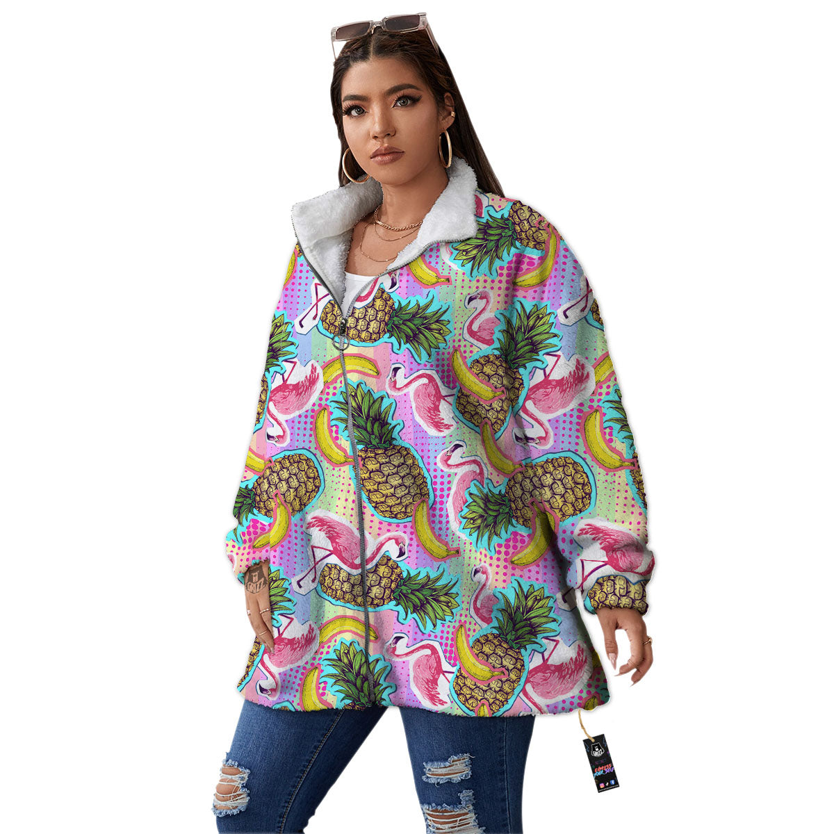 Flamingo And Pineapple Rainbow Print Pattern Women's Sherpa Jacket-grizzshop