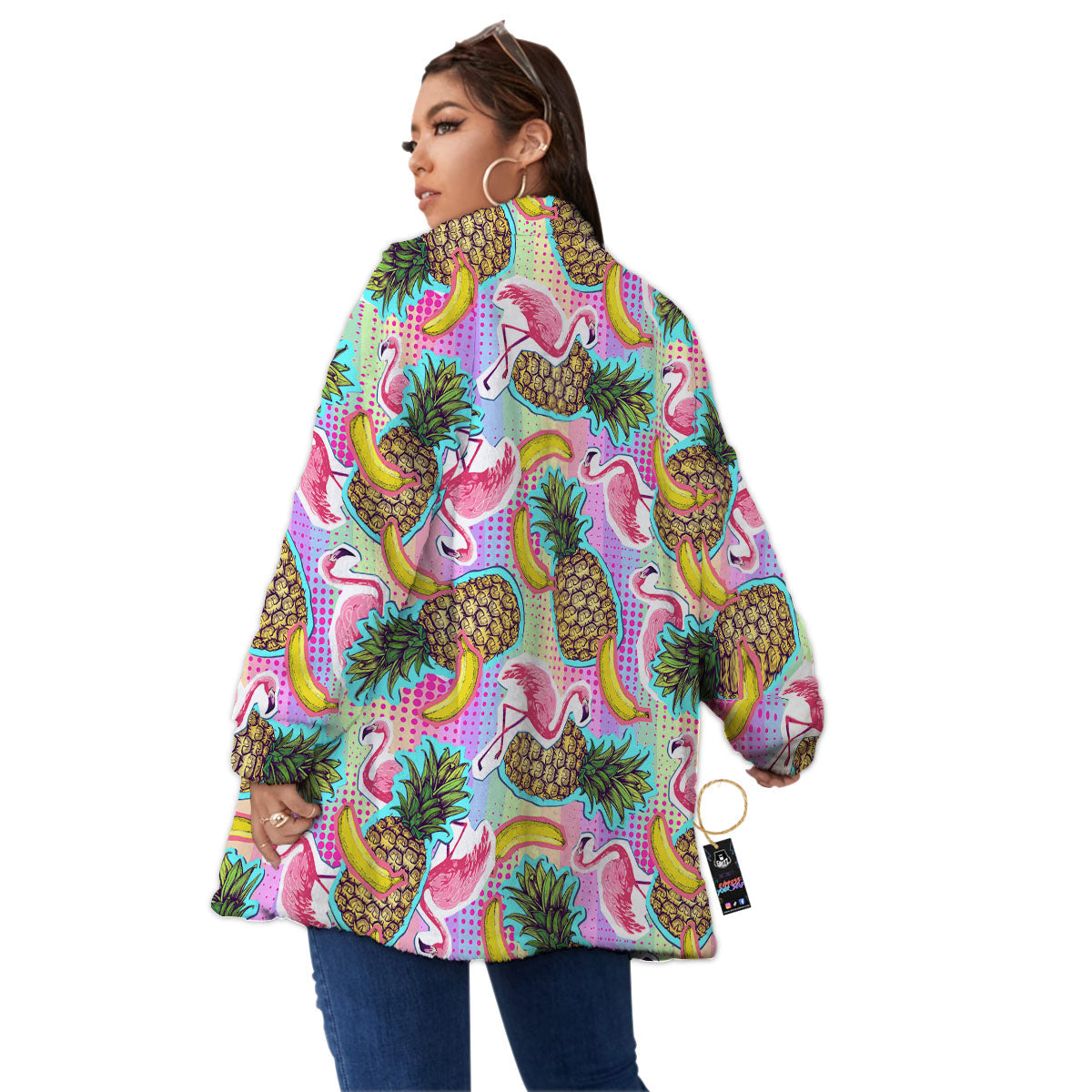 Flamingo And Pineapple Rainbow Print Pattern Women's Sherpa Jacket-grizzshop