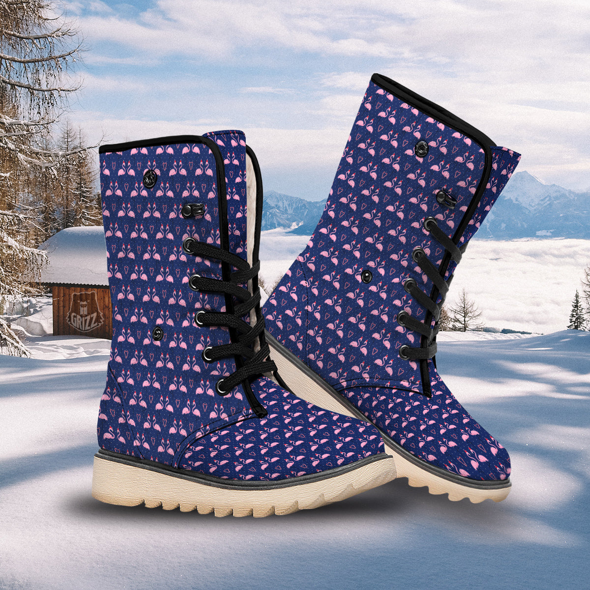 Flamingo Christmas Snowy Print Pattern Snow Boots-grizzshop