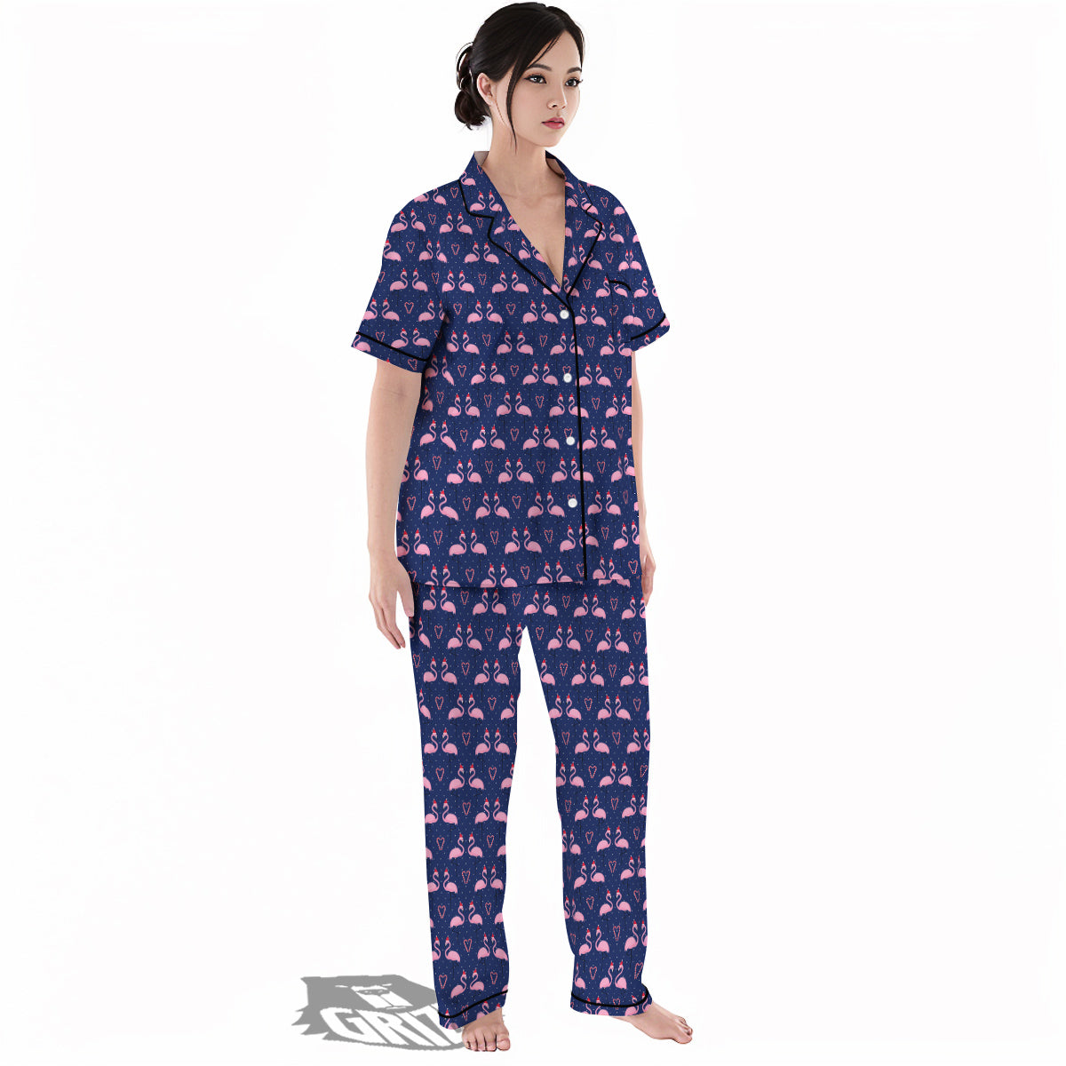 Flamingo Christmas Snowy Print Pattern Women's Pajamas Set-grizzshop