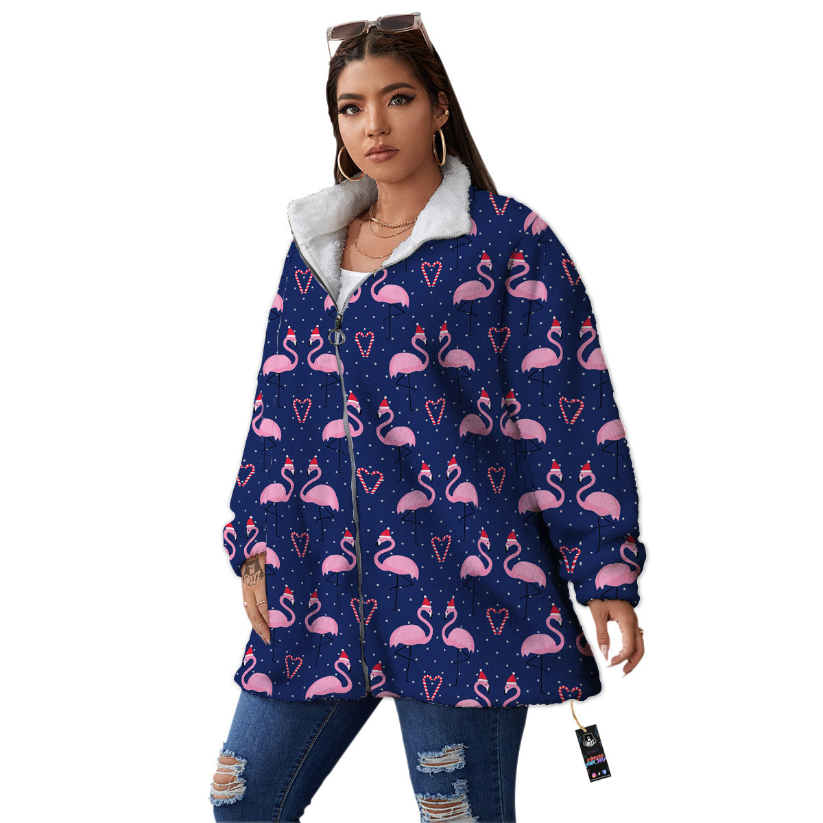 Flamingo Christmas Snowy Print Pattern Women's Sherpa Jacket-grizzshop