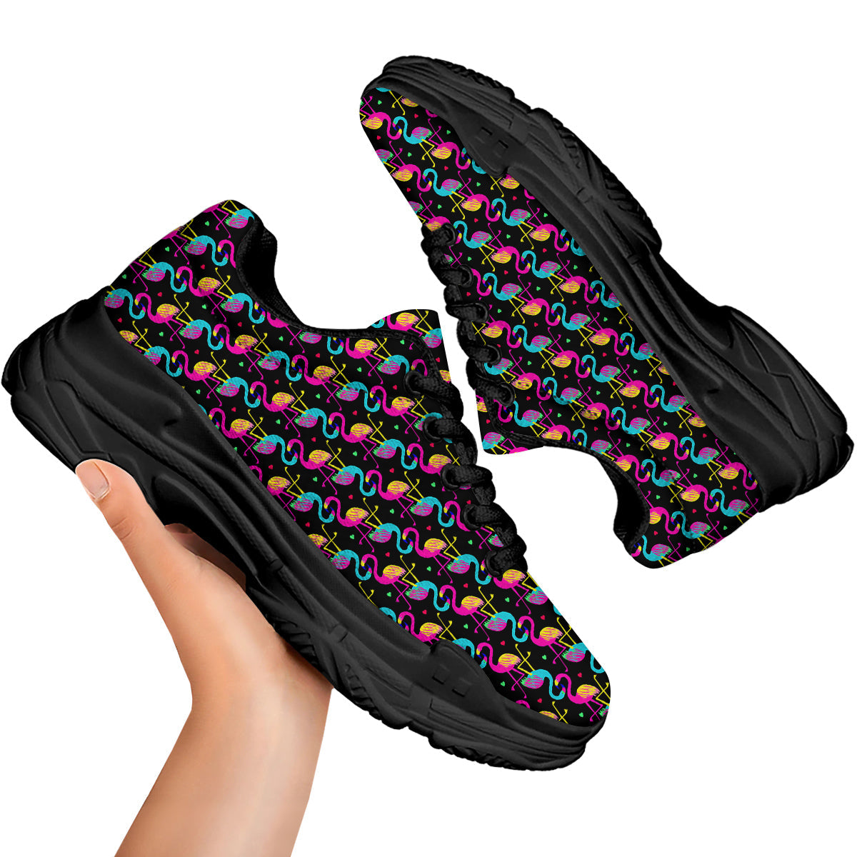 Flamingo Colorful Print Pattern Black Chunky Shoes-grizzshop