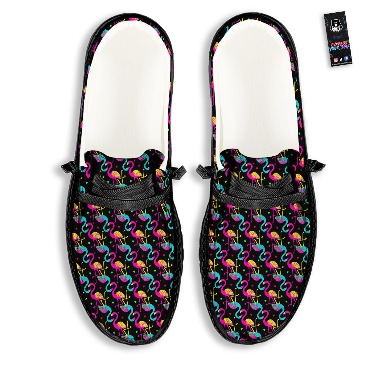 Flamingo Colorful Print Pattern Black Loafers-grizzshop