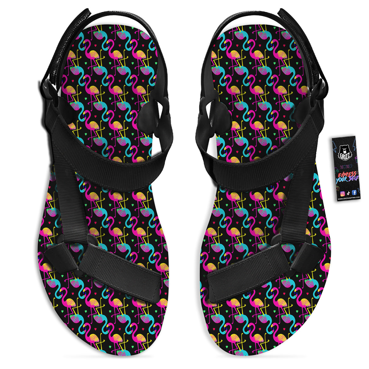 Flamingo Colorful Print Pattern Black Open Toe Sandals-grizzshop