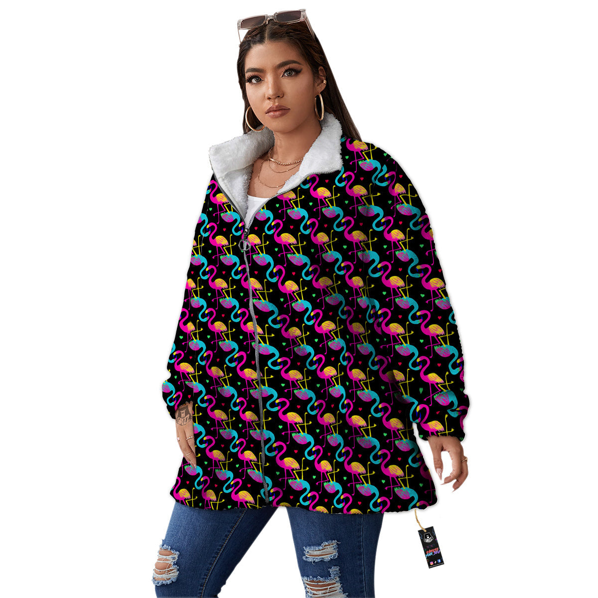 Flamingo Colorful Print Pattern Women's Sherpa Jacket-grizzshop